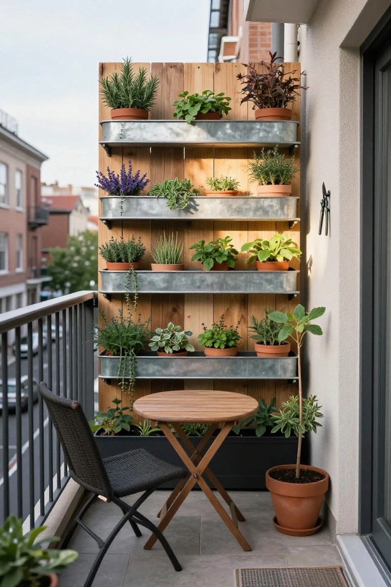 A balcony with a vertical garden made from wooden planks and metal trough planters filled with various plants, next to a small round table and wicker chair.