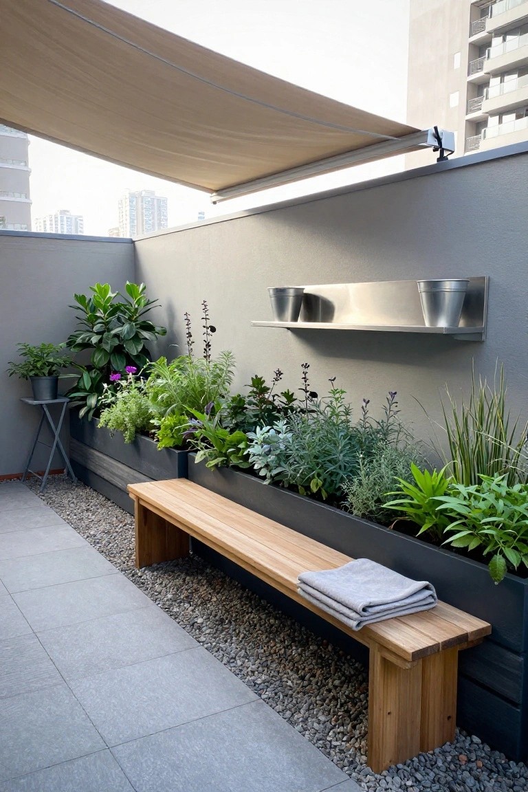 Modern patio with wooden bench, gray blanket, and lush planters along gray wall