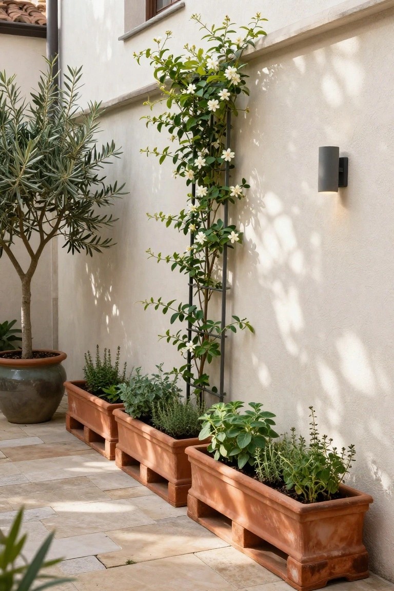 Long terracotta planters with climbing white flowers on a metal trellis stand against a light exterior wall, next to a large potted olive tree.
