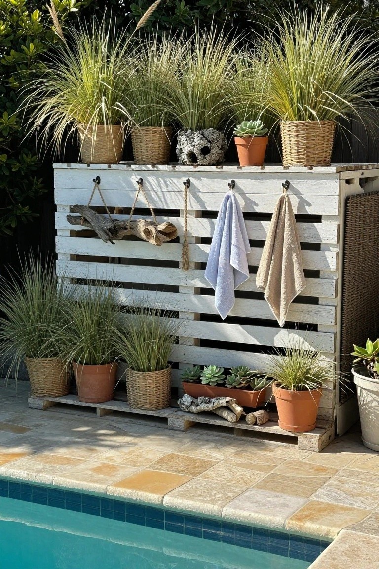 A white wooden pallet mounted as a vertical garden wall beside a pool, with potted plants arranged on top and at the base and towels hanging from hooks.