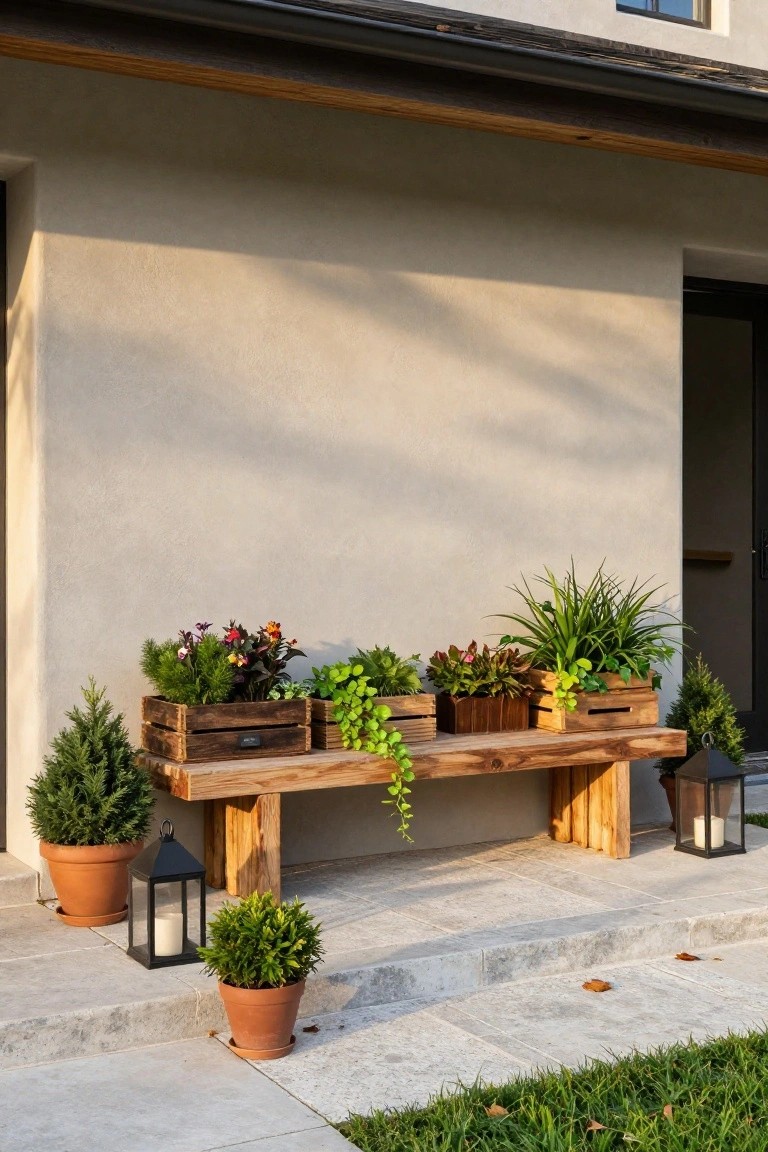 A wooden bench holds several crate planters with assorted plants against a plain exterior wall, with potted shrubs and lanterns on the paved ground nearby.