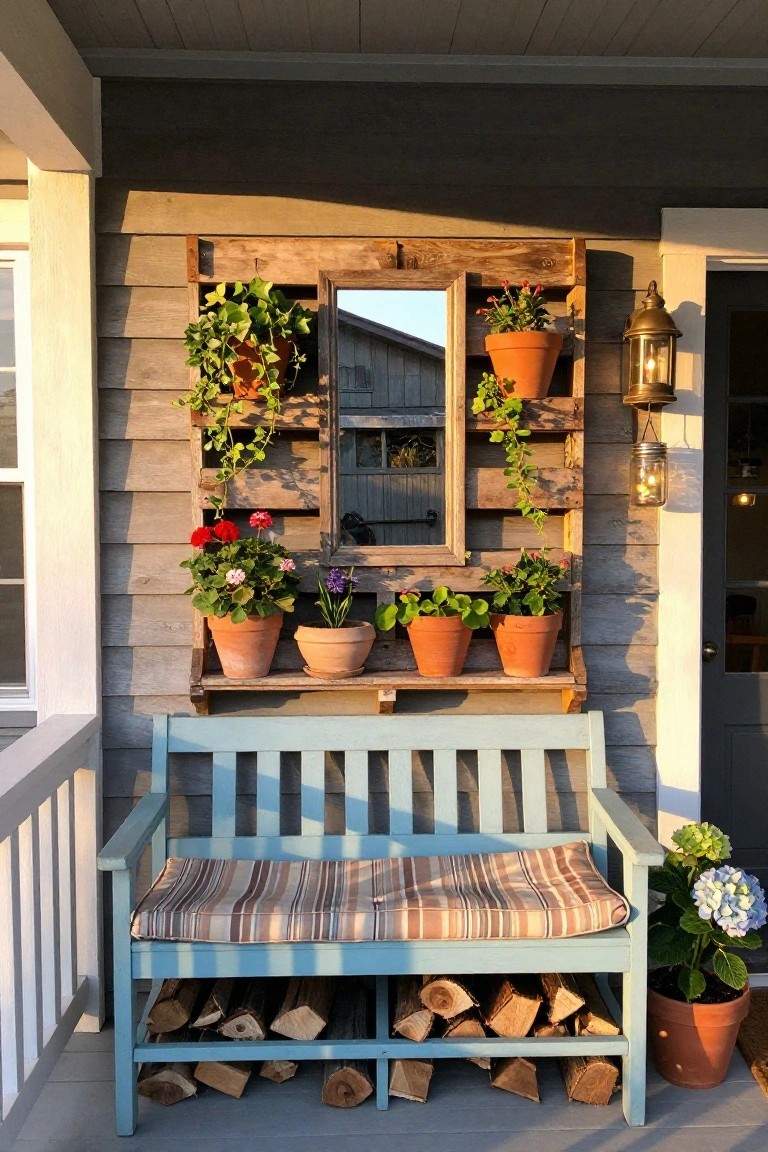 Light blue bench with striped cushion under pallet mirror and potted flowers with firewood below