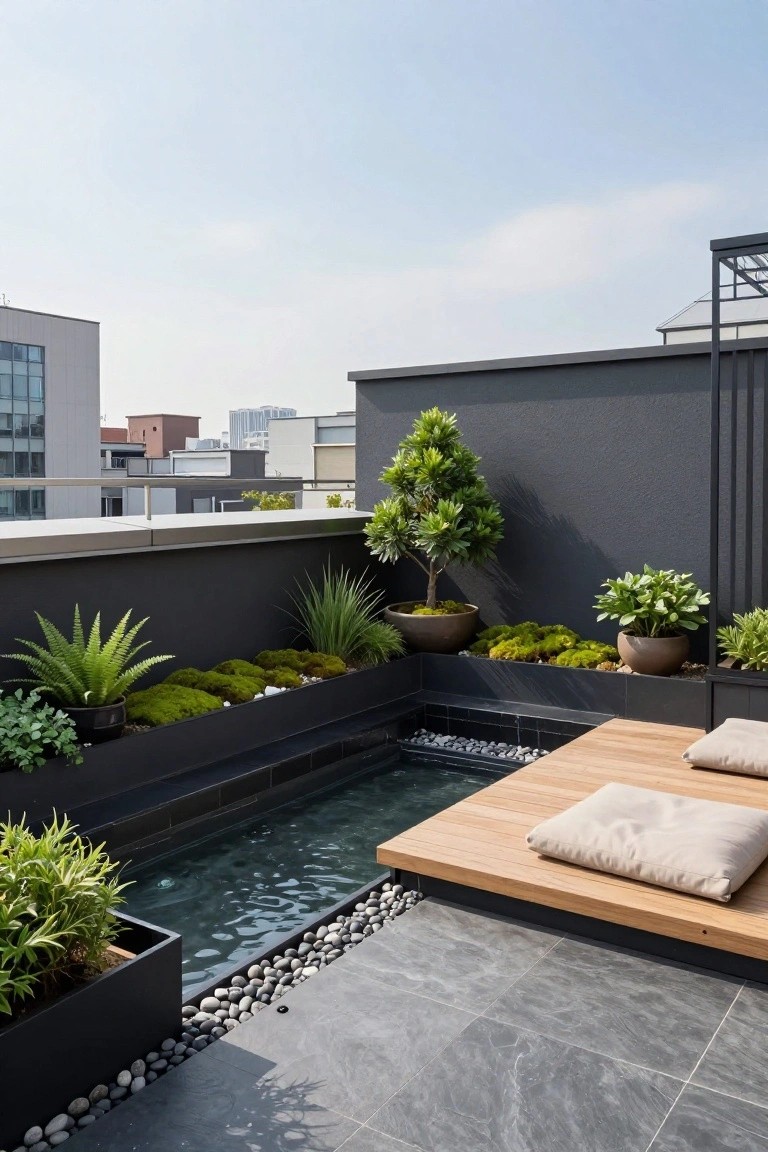 Rooftop terrace with a narrow pool, wooden deck platform with cushions, and multiple potted plants and shrubs set against a dark wall.