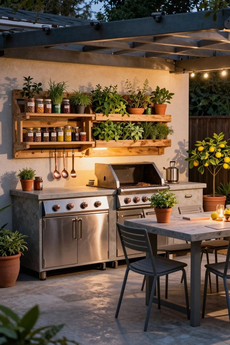 An outdoor kitchen patio with a stainless steel grill, concrete counters, a dining table, and wooden wall shelves holding potted plants and glass jars.