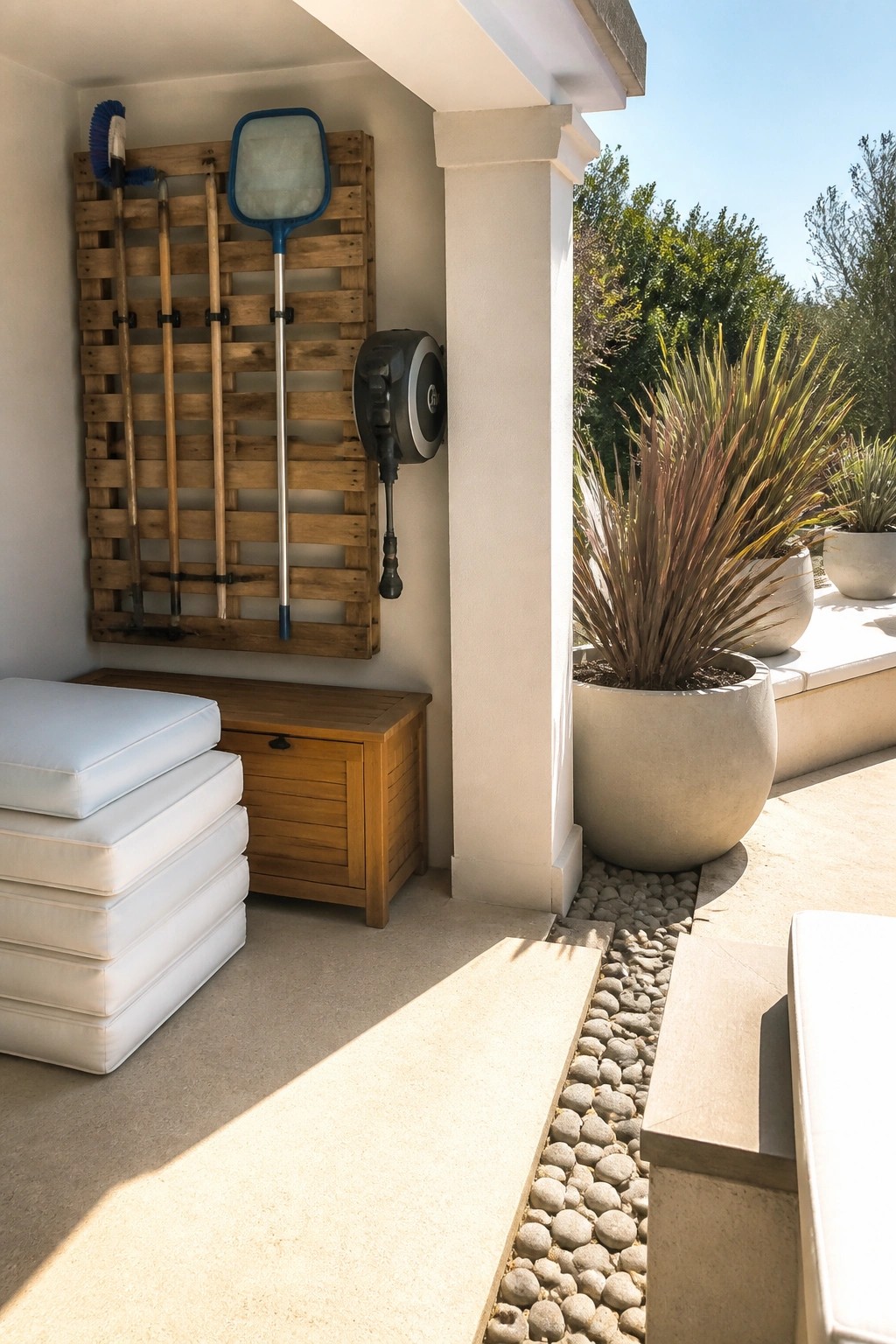 A wooden pallet mounted on an outdoor wall holds long-handled garden tools including rakes and a pool net, with a hose reel and potted plants nearby.