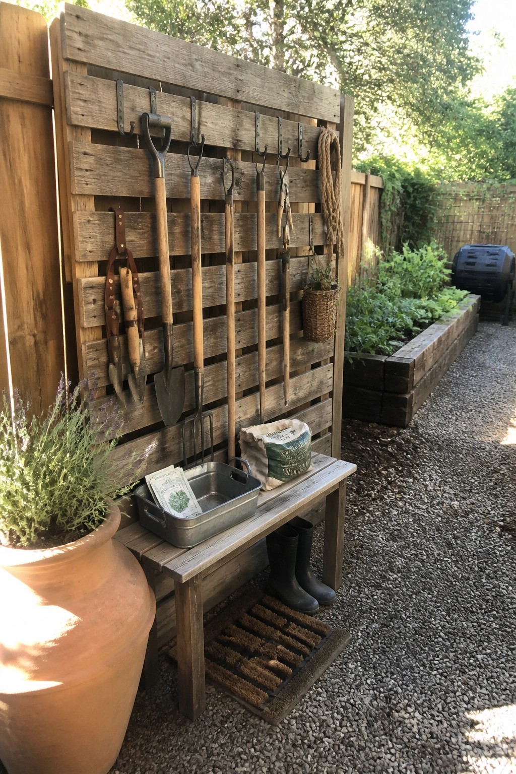 A weathered wooden pallet stands upright against a fence with garden tools hanging from metal hooks and a wooden bench holding boots and a metal tray below.