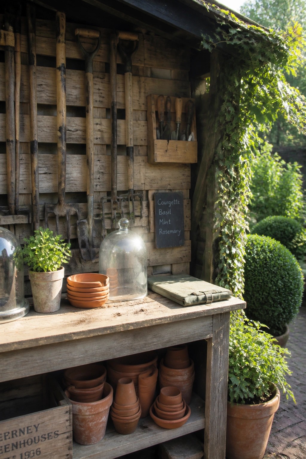 Rustic wooden potting bench with terracotta pots, tools, and herb chalkboard
