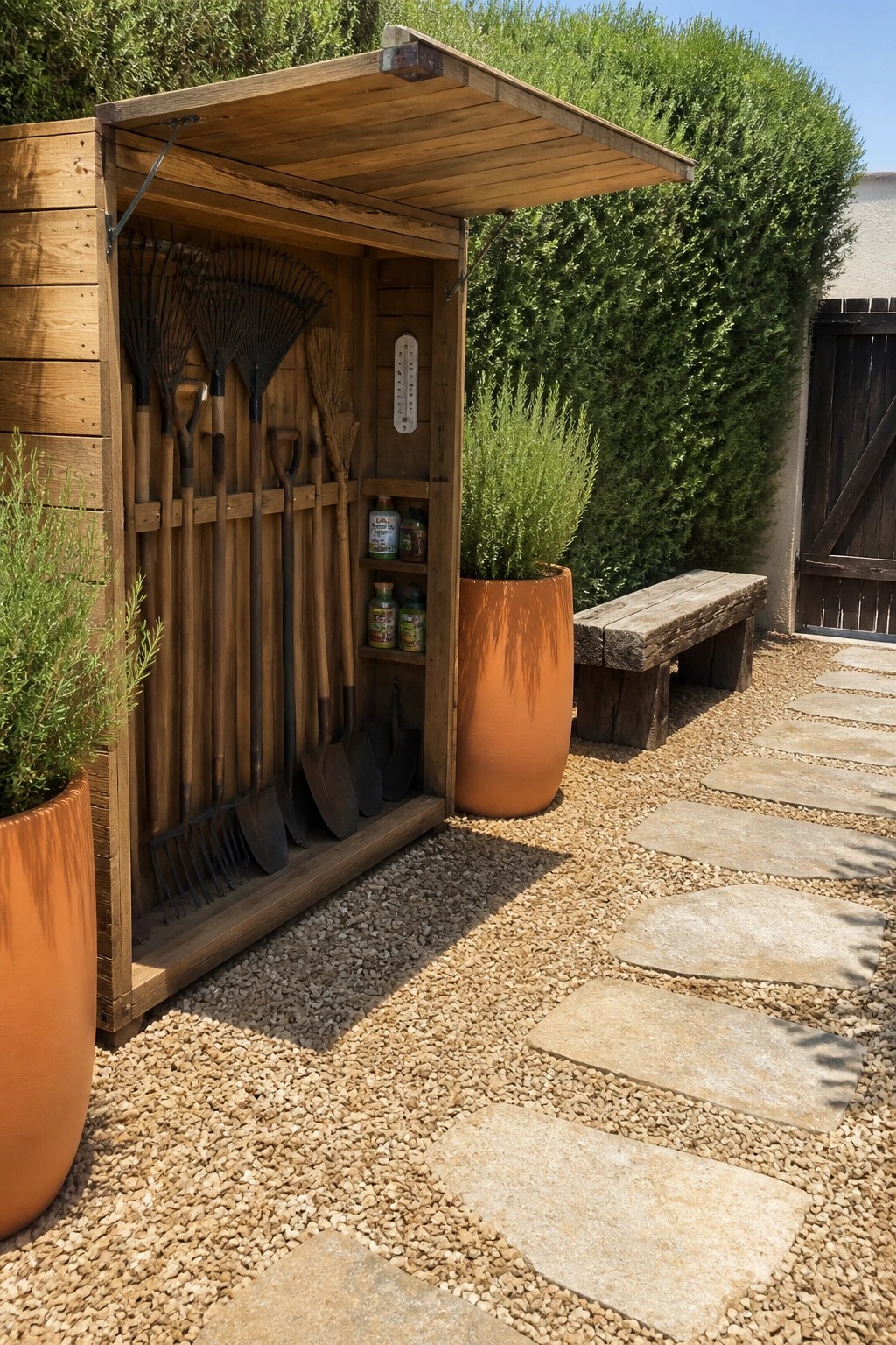 Wooden garden storage cabinet open beside a gravel path, with long-handled tools hanging inside and stone stepping stones leading past it.