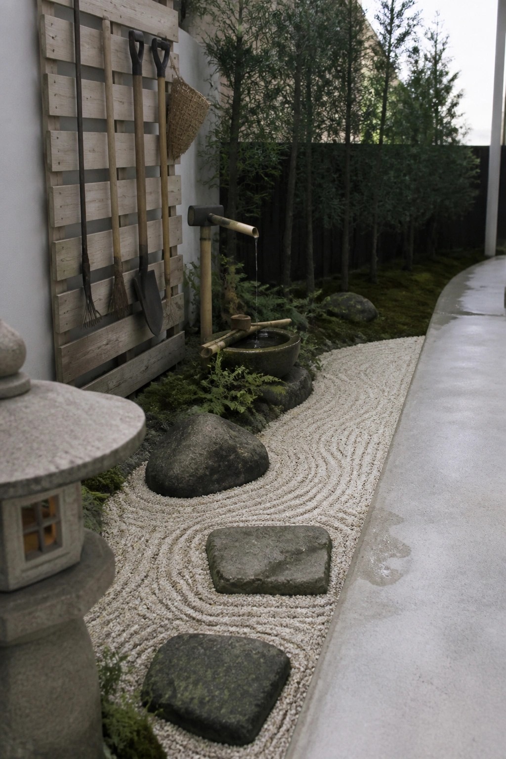 A wooden pallet is mounted on an exterior wall holding long-handled garden tools next to a raked gravel path with stepping stones.