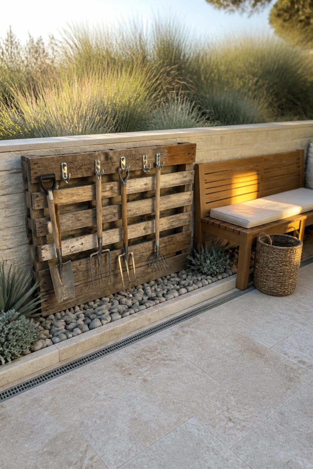 A wooden pallet mounted on a stone wall holds several long-handled garden tools above a gravel bed next to a wooden bench.