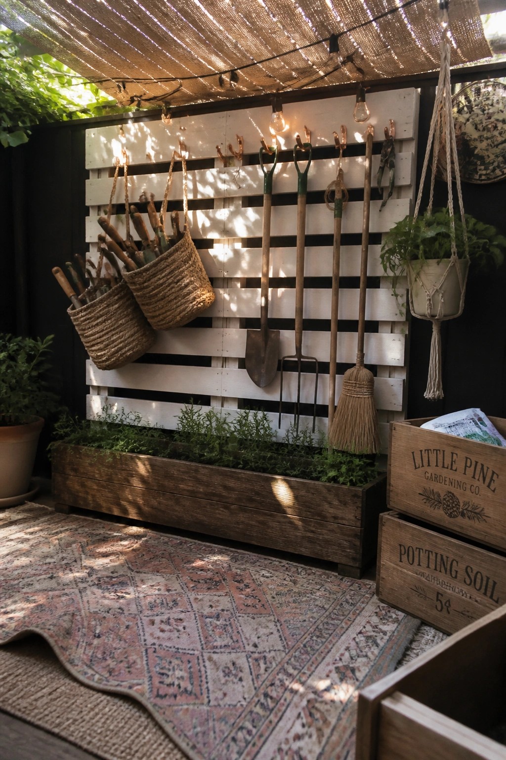 Rustic pallet displays gardening tools above wooden crates and patterned rug on patio
