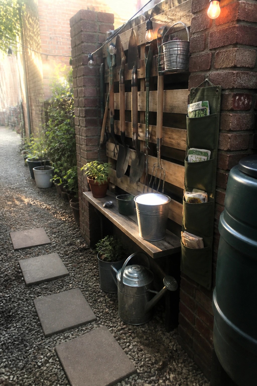 Garden tools on wooden pallet rack against brick wall with string lights and seed packets