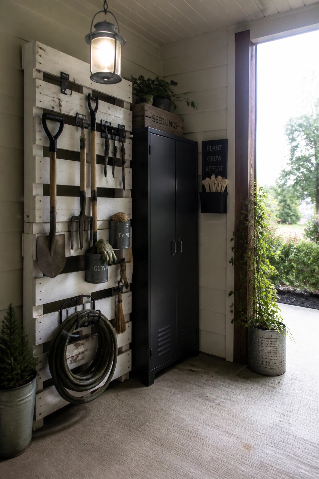Rustic pallet wall with gardening tools beside black cabinet on porch
