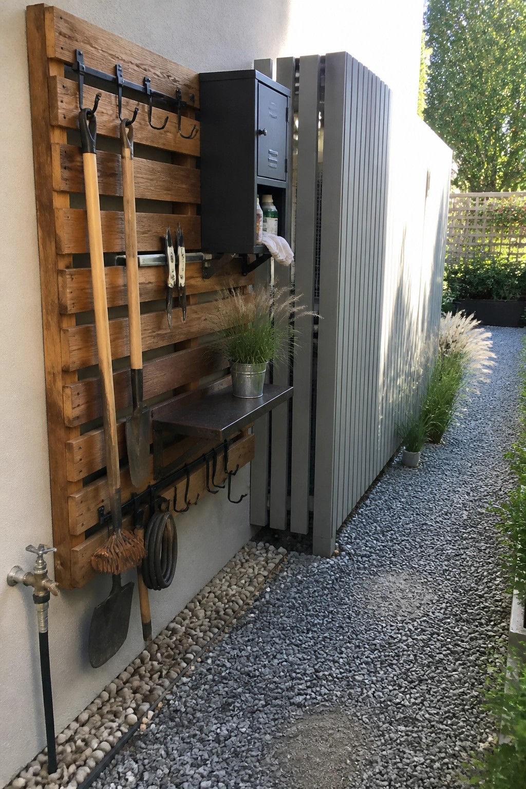 A wooden pallet mounted on an exterior wall holds garden tools on black metal hooks, with a small metal cabinet and shelf attached above it in a gravel garden area.