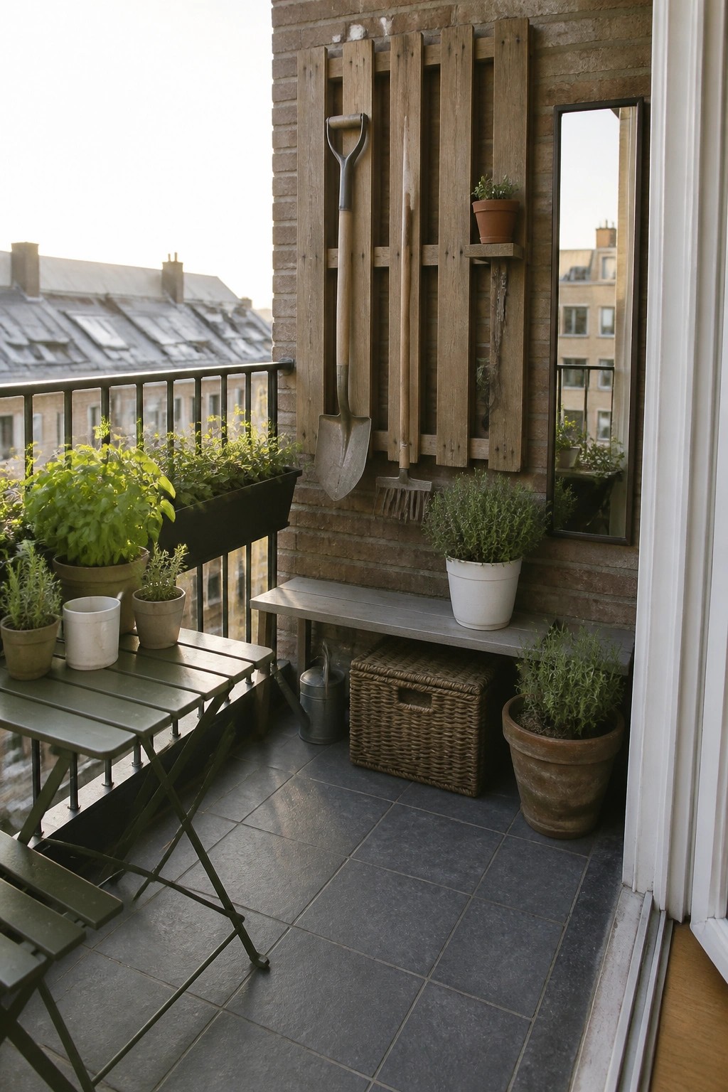 A wooden pallet is mounted on a brick wall holding a shovel and rake on a tiled balcony with potted plants and a small bench.