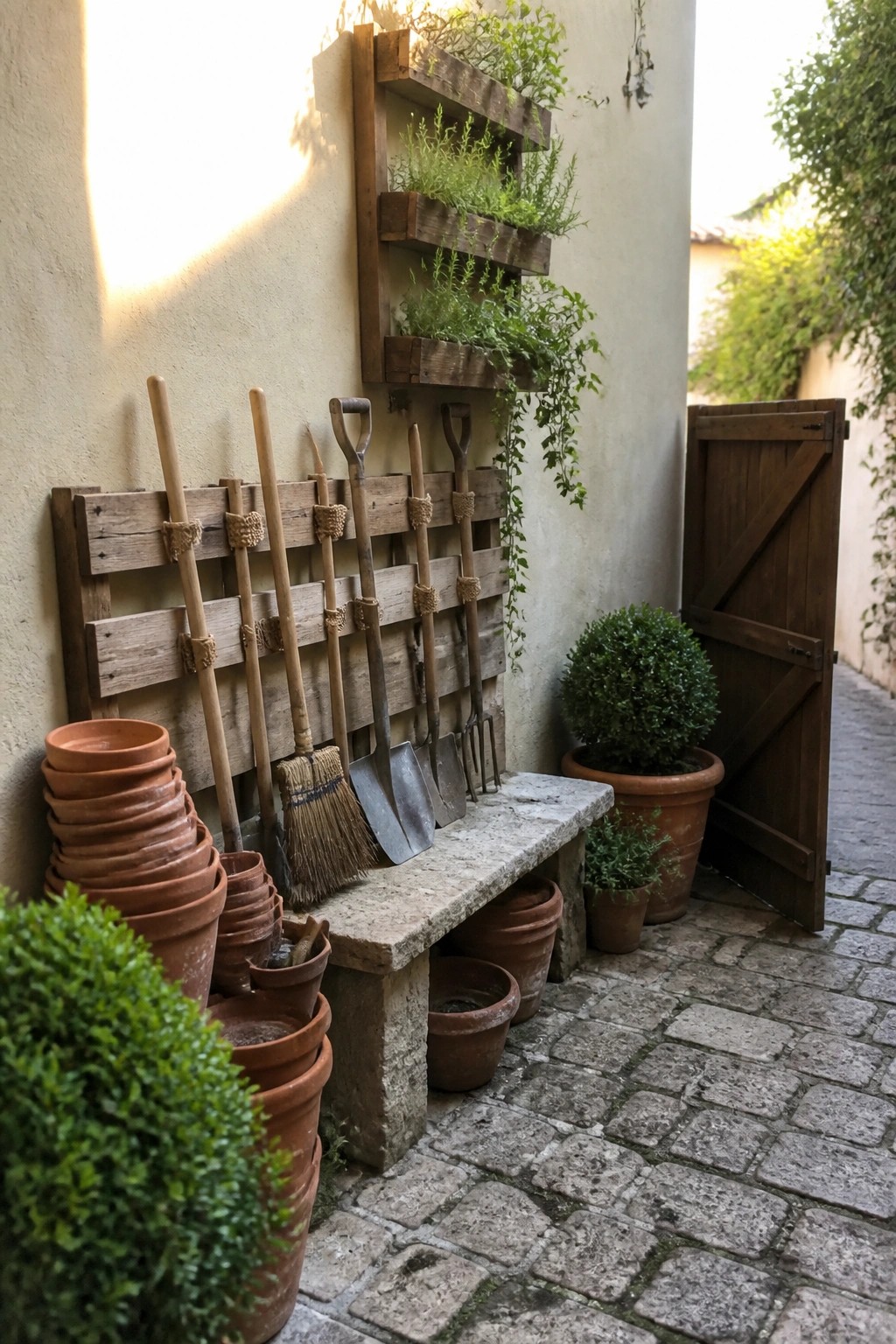 A wooden pallet mounted on an exterior wall holds several long-handled garden tools upright next to stacked terracotta pots.
