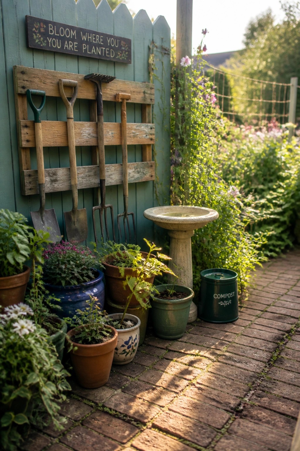 A wooden pallet mounted on a teal fence holds several long-handled garden tools upright, with potted plants and a birdbath nearby on a brick path.