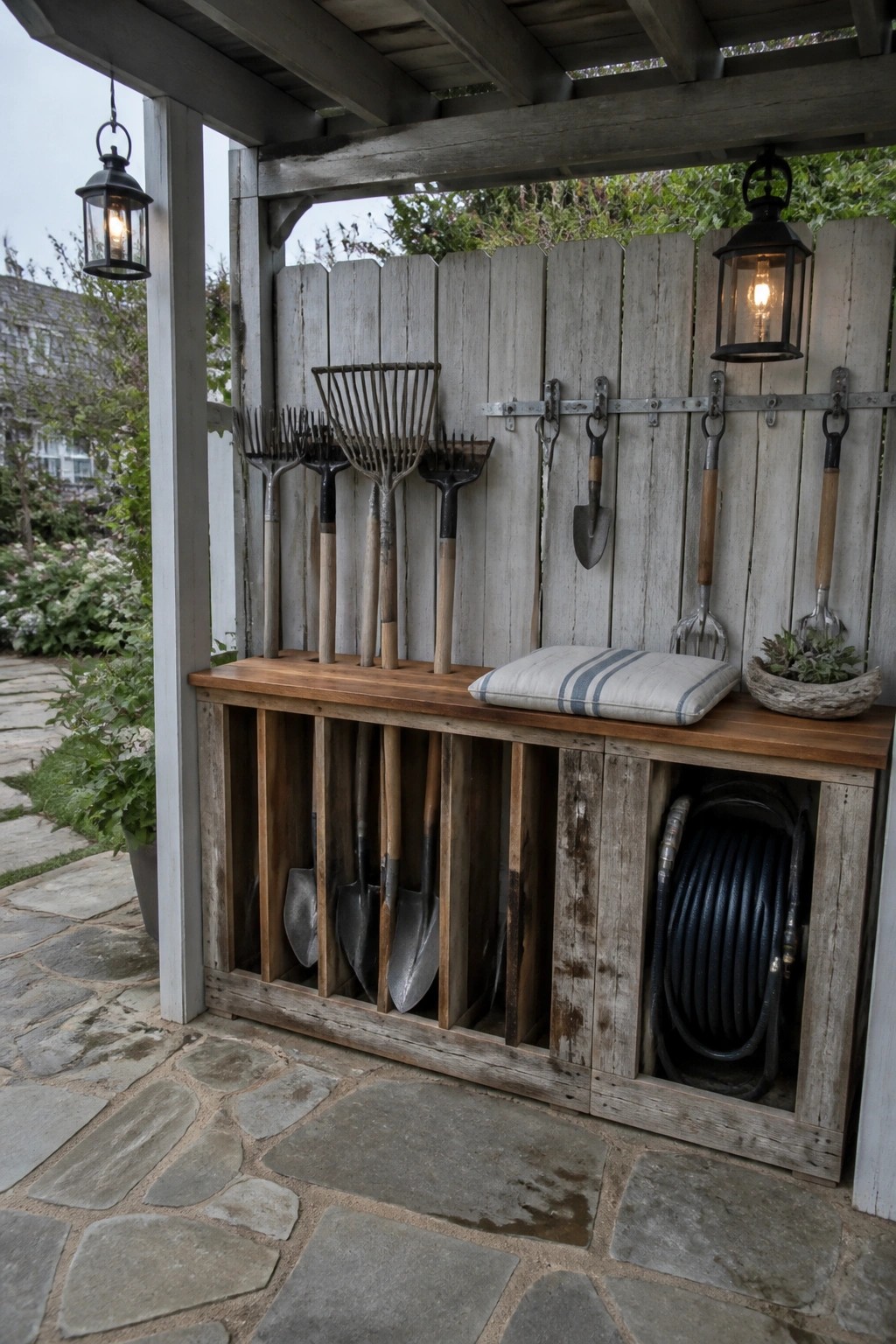 A weathered wood storage bench with vertical slots holds garden shovels and rakes upright, with a coiled hose stored on the right side under a covered structure.