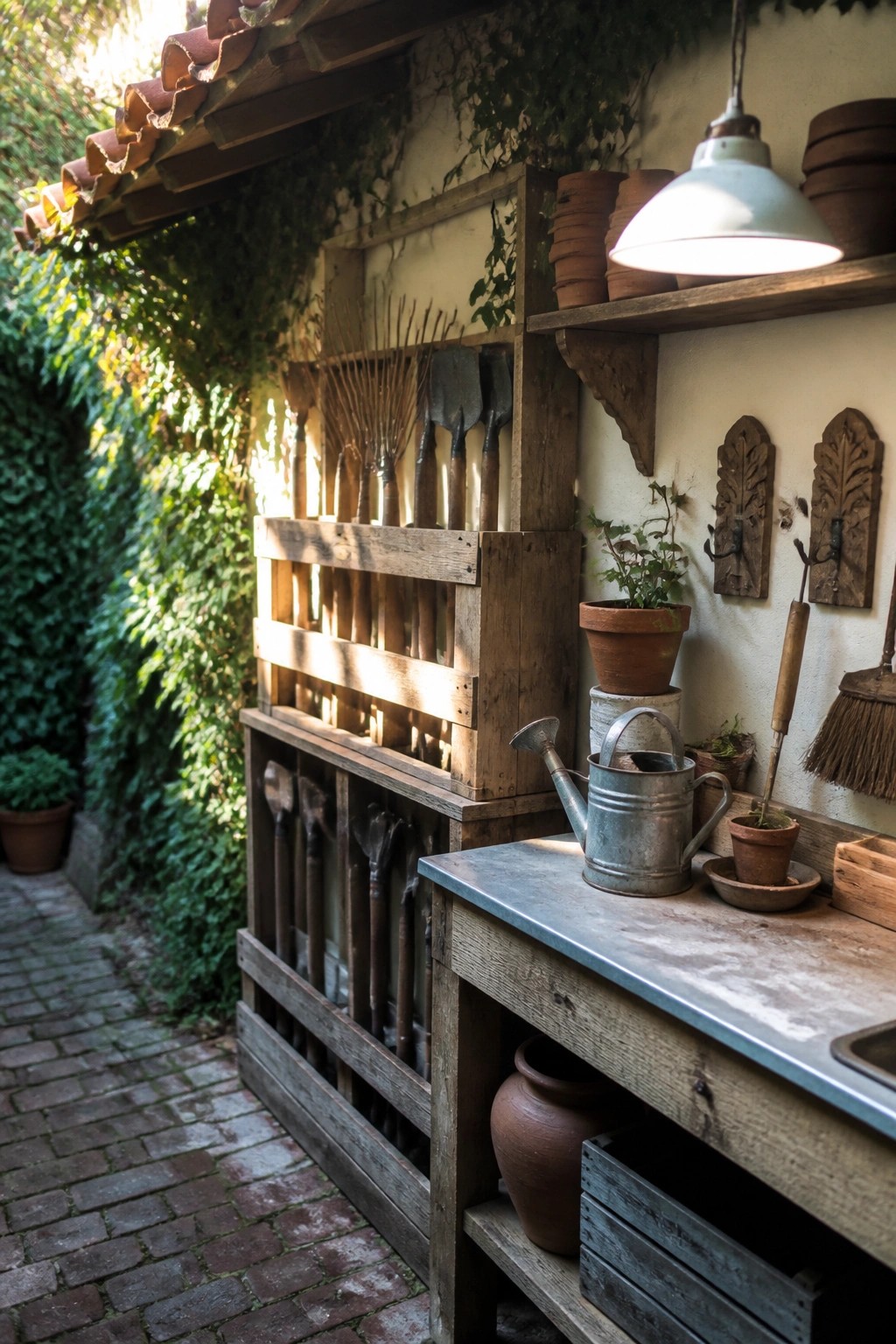 Rustic wooden garden shed with tool racks, watering can, and terracotta pots.