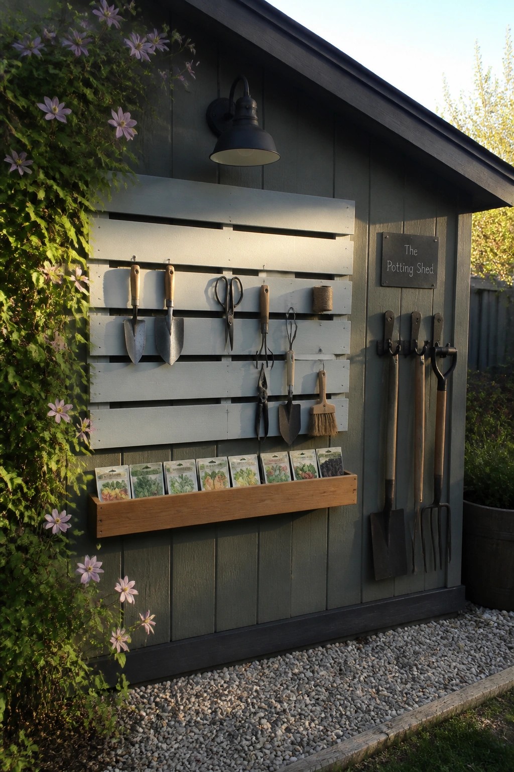 A gray wooden garden shed with a light blue painted pallet mounted on the wall holding small hand tools, seed packets in a wooden tray below, and long-handled tools hanging to the right.
