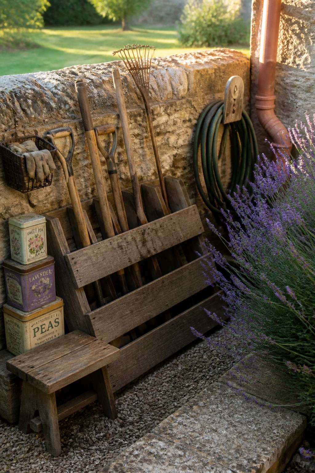 Wooden pallet rack holding several long-handled garden tools upright against a stone wall, with a coiled hose and lavender nearby.