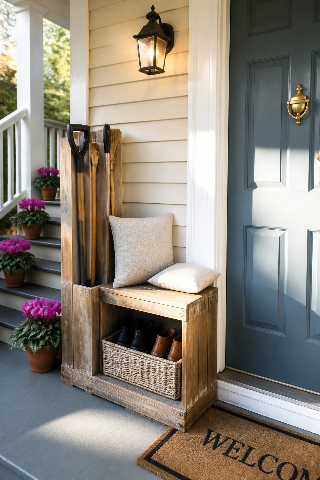 A wooden bench on a front porch has vertical slots holding long garden tools, a wicker basket of shoes below, and two cushions on top, next to a blue door.