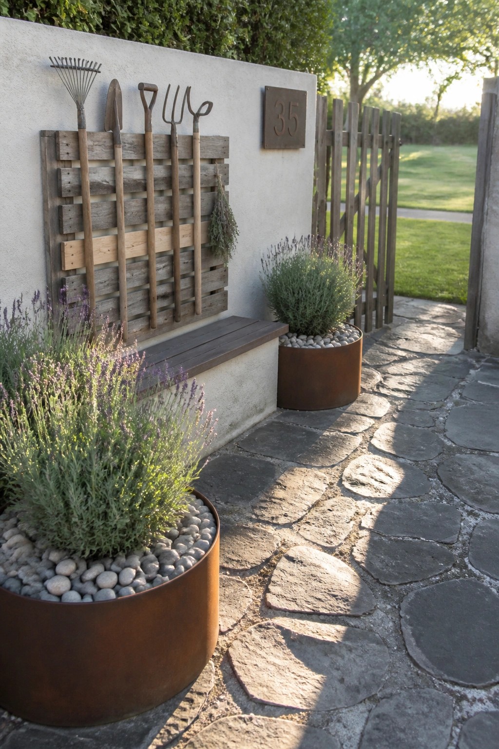 A wooden pallet mounted on a stucco wall holds several long-handled garden tools, with potted lavender plants and a stone path in the foreground.