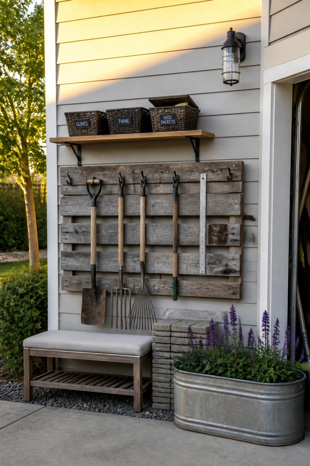 Wooden pallet with hanging garden tools beside labeled baskets, bench, and metal planter