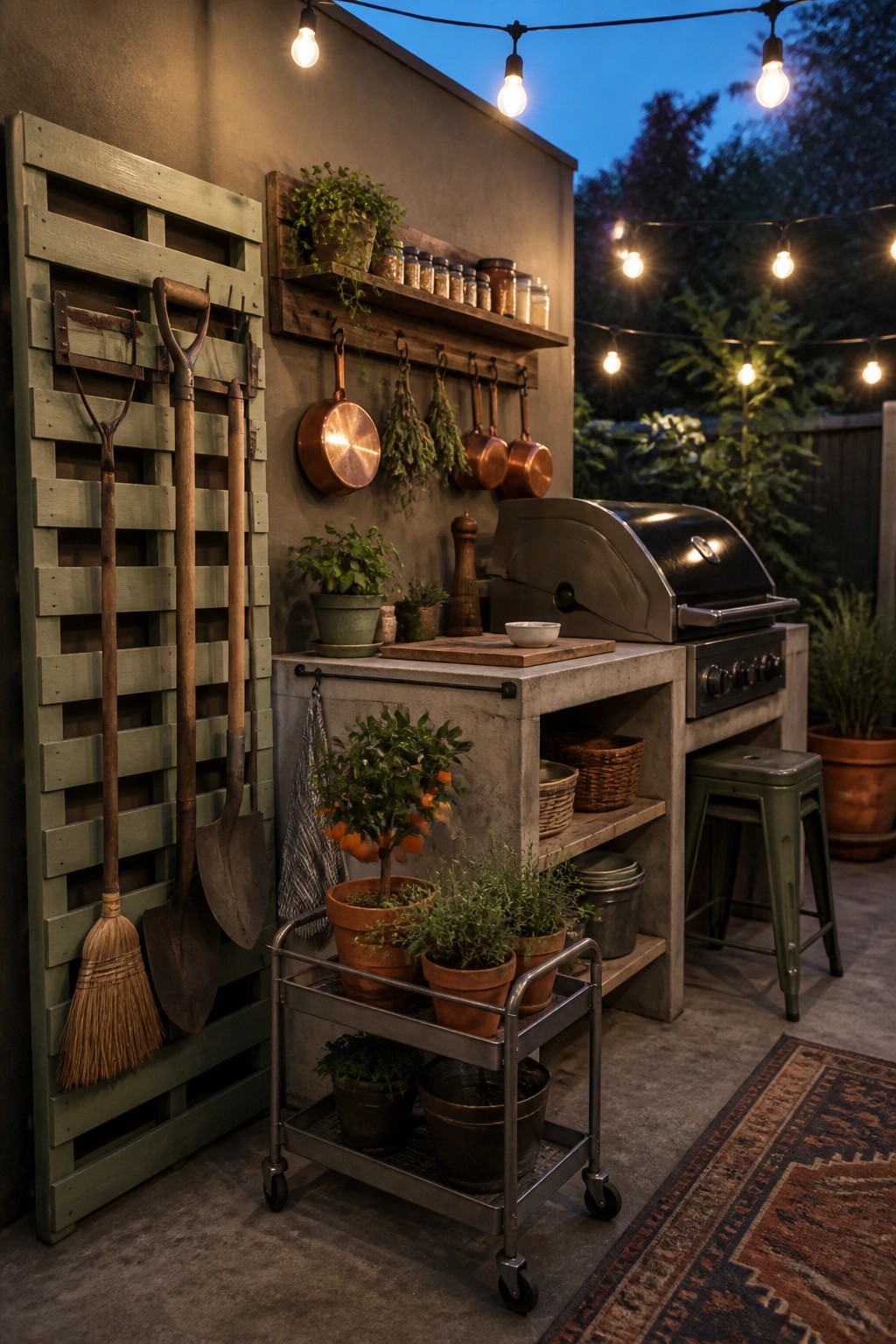Rustic outdoor kitchen with concrete grill, copper pots, hanging herbs, and garden tools at dusk.