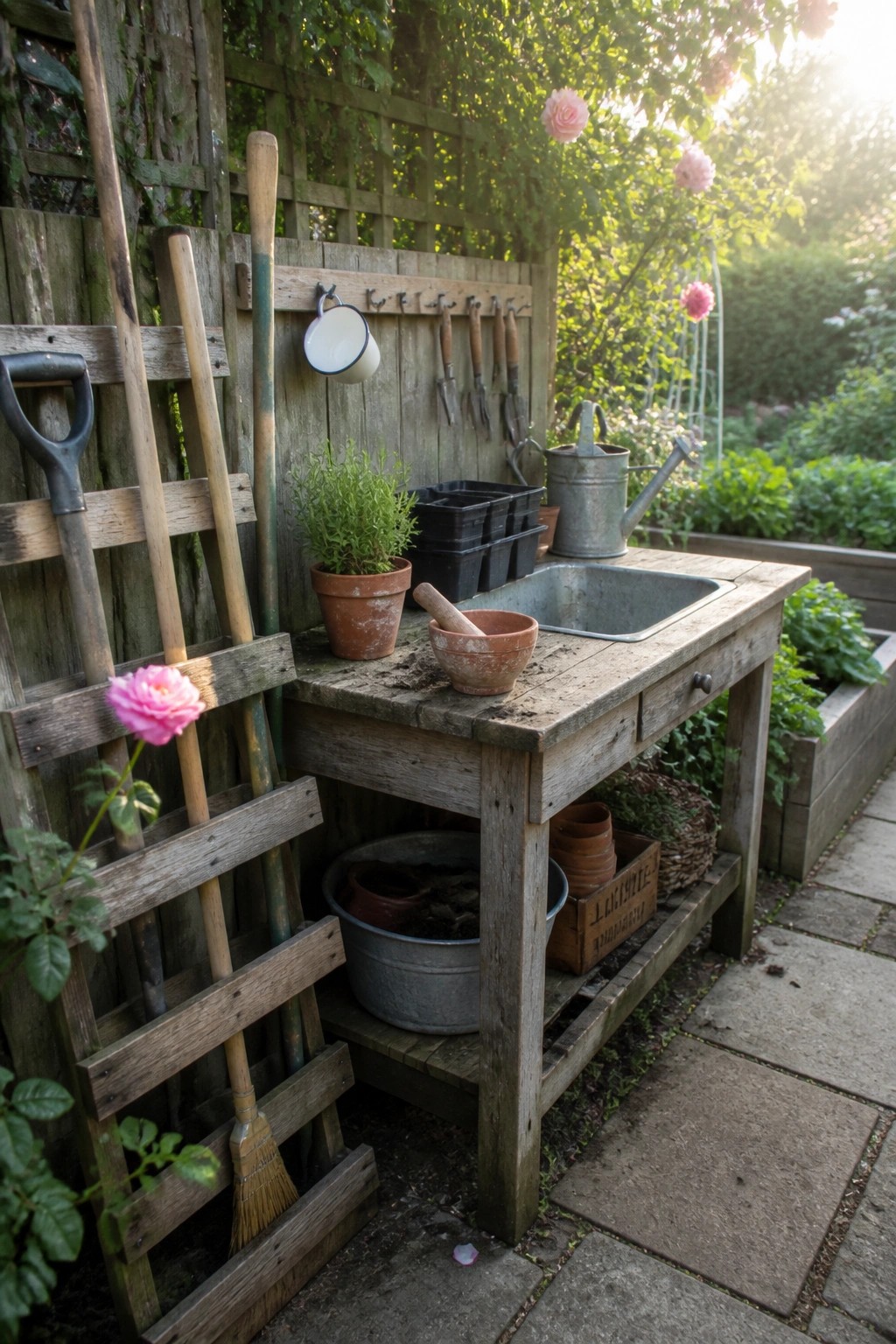 A wooden pallet structure leaning against a garden fence holds several long-handled tools upright next to a potting bench.
