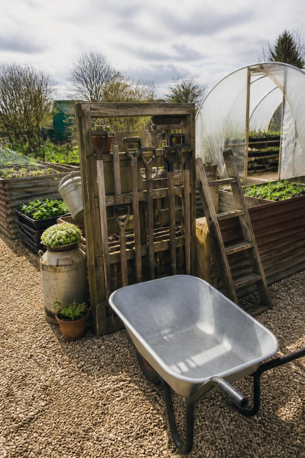 Wheelbarrow on gravel near wooden rack of shovels, ladder, and greenhouse in garden