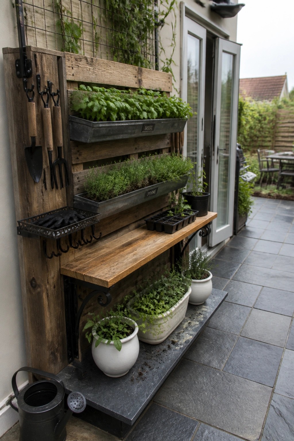 A wooden pallet mounted on an outdoor wall holds garden tools on hooks, with metal planters attached and additional potted plants on a ledge below.