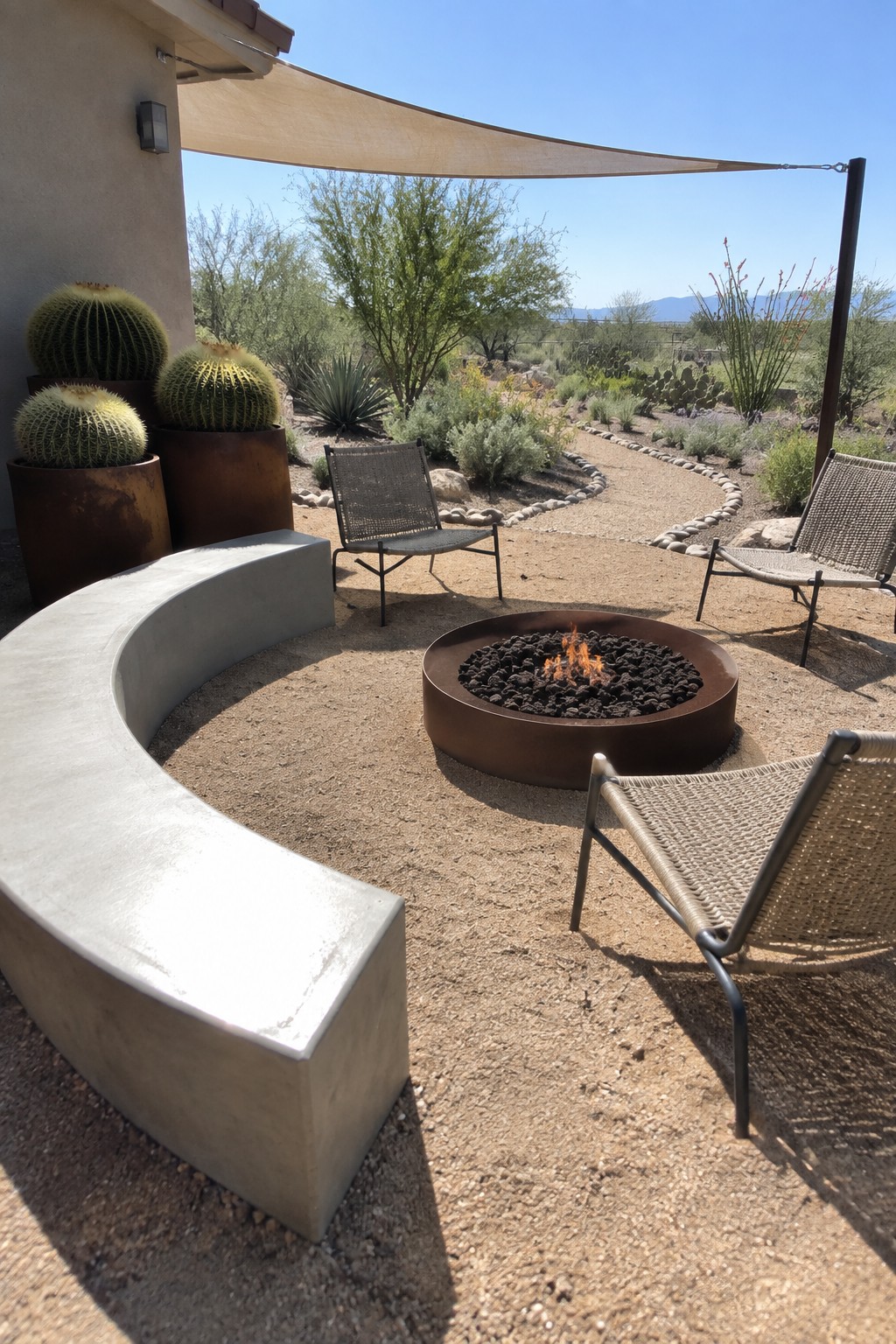 Outdoor patio with a round metal fire pit on gravel, a curved concrete bench, and several woven chairs arranged around the fire pit.