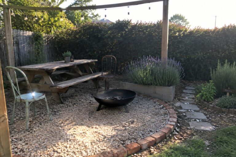 17 Affordable Patio Ideas on a Budget Using Gravel and Simple Landscape Edging A gravel patio area with a fire pit, wooden picnic table, metal chairs, string lights on a pergola frame, and brick edging bordering garden beds.