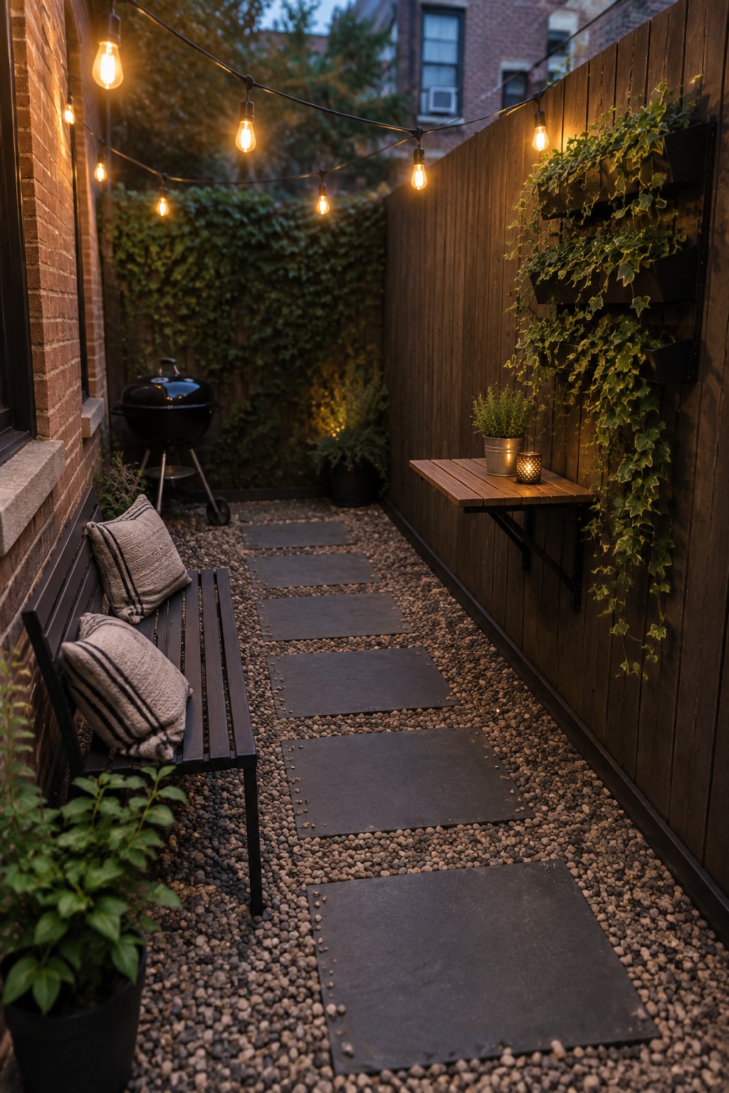 Cozy narrow patio at dusk with string lights, bench, stone path, grill and ivy wall.