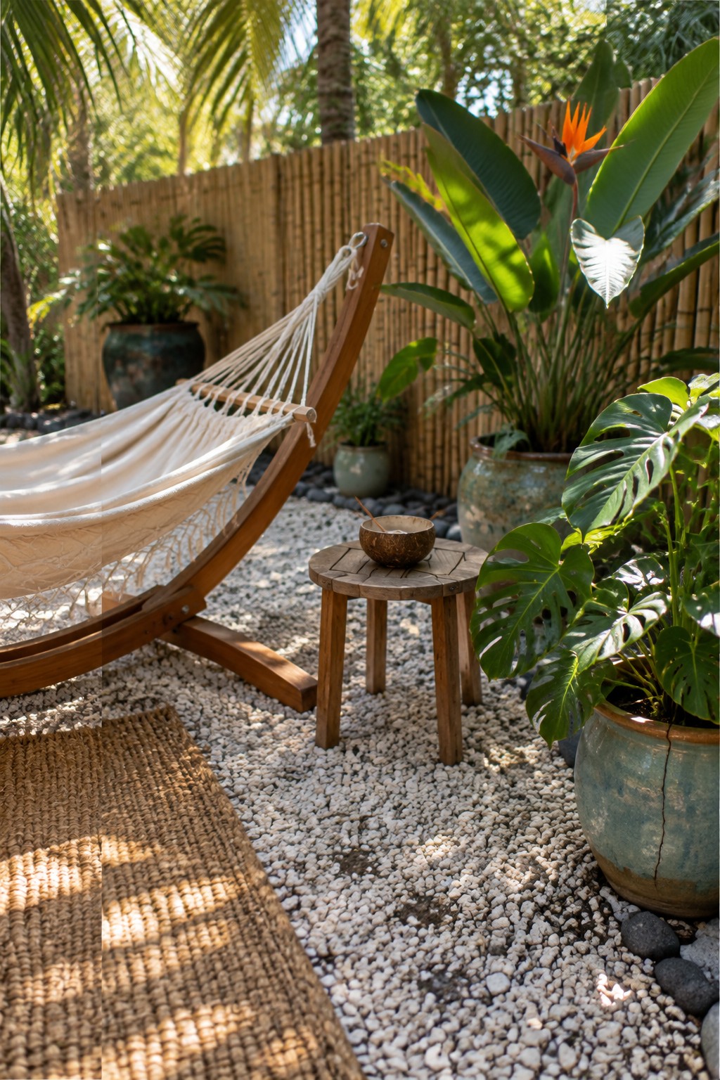 A gravel patio area with a wooden hammock stand, a small wooden stool holding a coconut bowl, and several large potted tropical plants arranged near a bamboo fence.