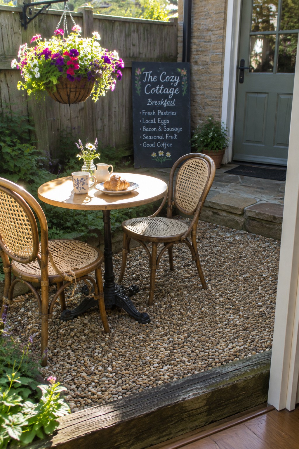 A round table with two cane-back chairs on a gravel surface, next to a hanging flower basket and a chalkboard sign near a house entrance.
