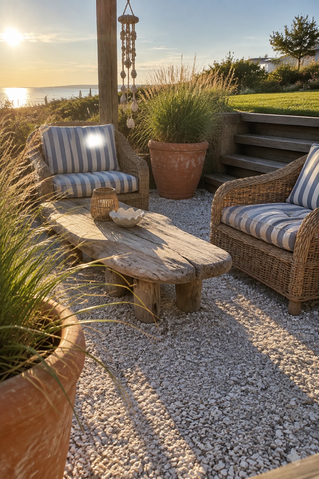 Two wicker armchairs with blue striped cushions sit on gravel around a rustic wooden table, with large terracotta pots and coastal vegetation in the background.