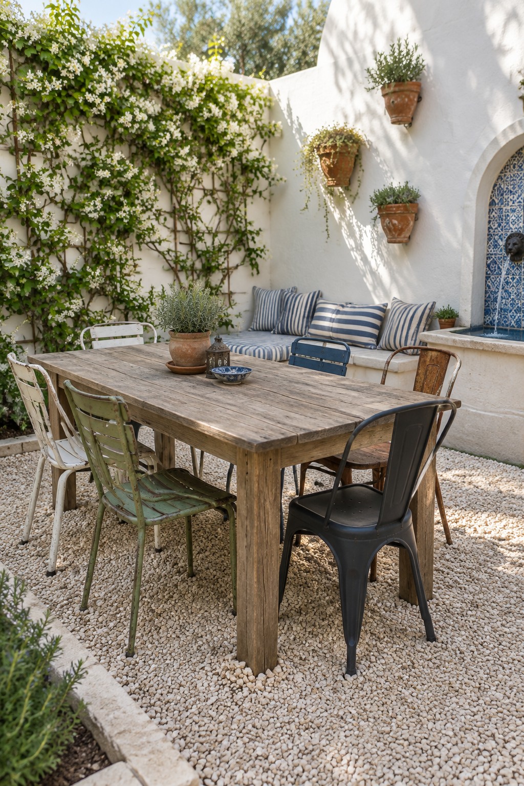 A rustic wooden table surrounded by mismatched metal chairs sits on a gravel patio beside a white stucco wall with climbing vines, potted plants, and a small fountain.