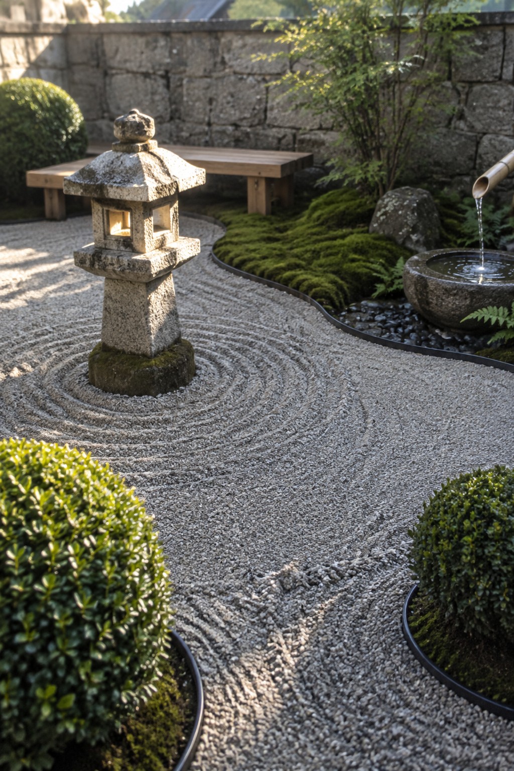 A raked gravel path curves around a stone lantern with moss beds and a stone water basin along the edge.