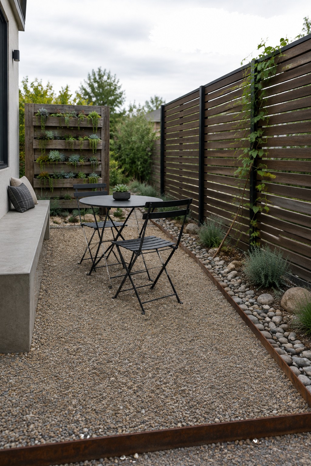 A gravel patio area with a round table and two black folding chairs, bordered by rusted metal landscape edging next to a wooden slat fence with vines.