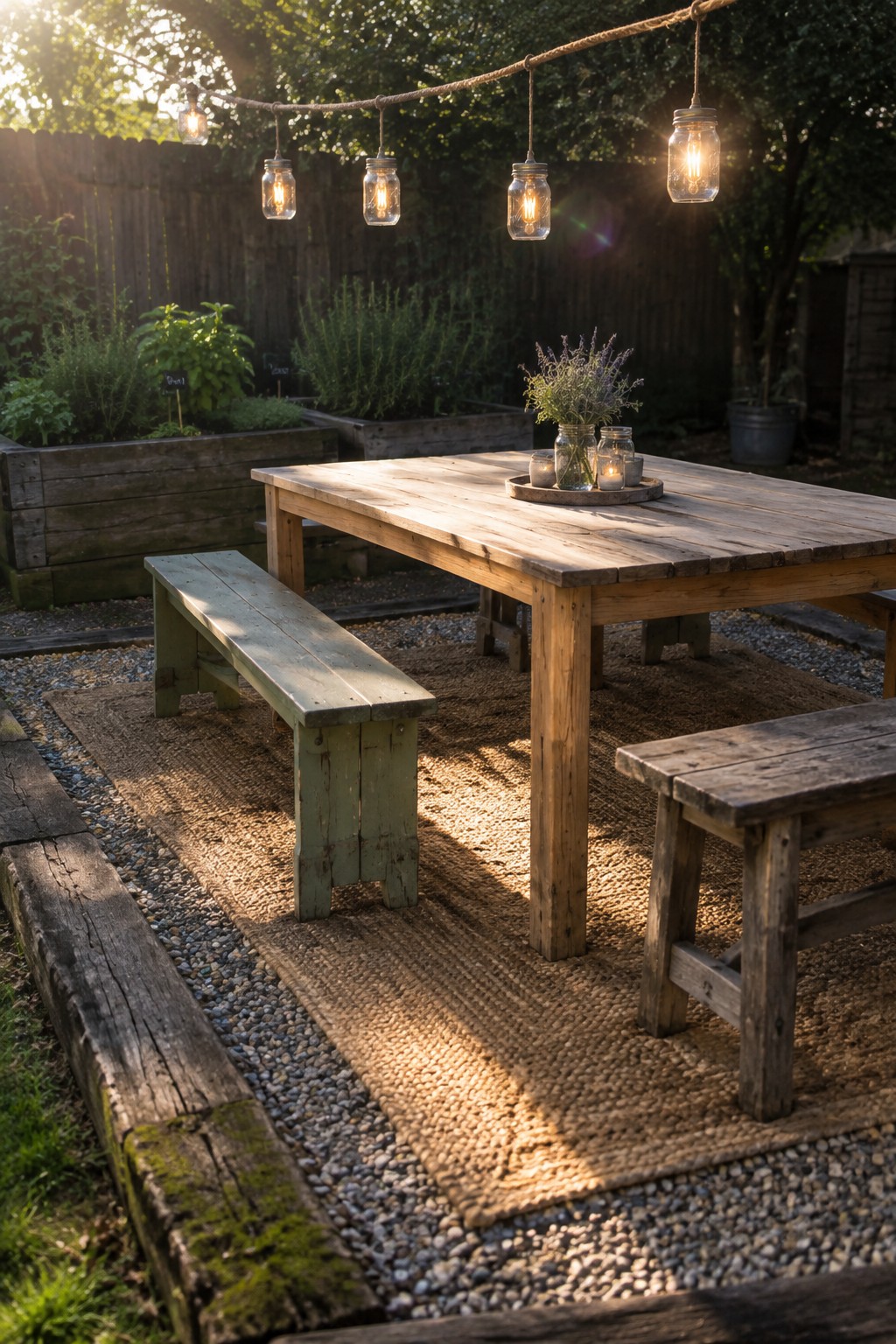 A wooden picnic table with benches rests on a woven rug over gravel, bordered by wooden landscape edging, with string lights above and raised garden beds nearby.