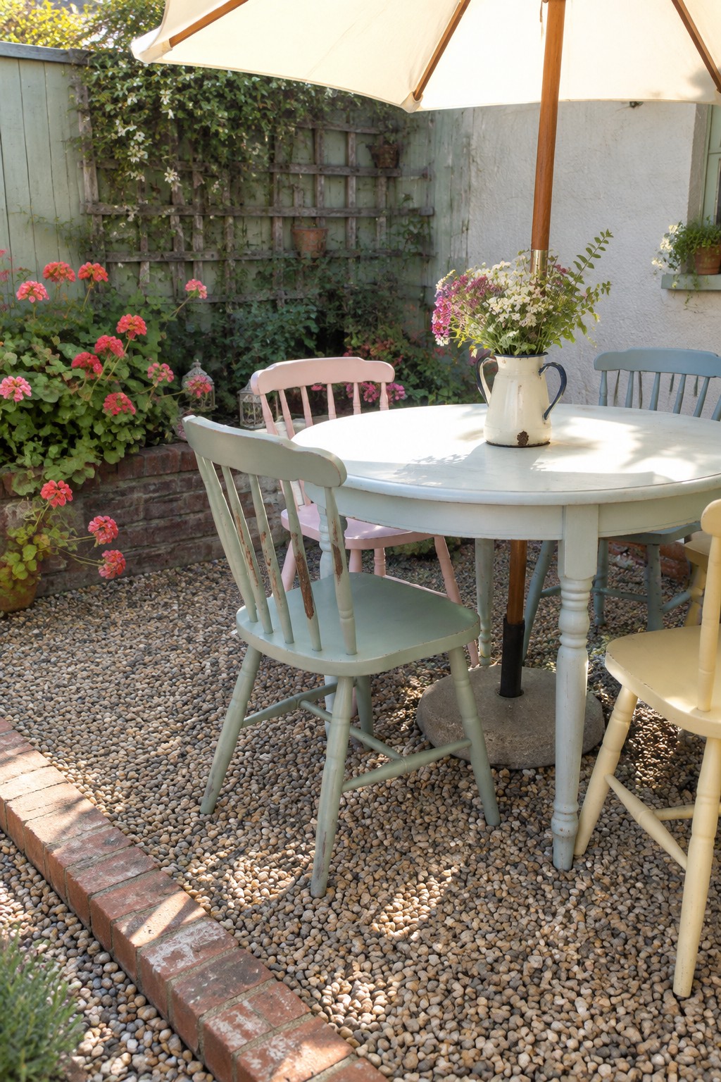 Pastel mismatched chairs around round garden table with umbrella and flowers