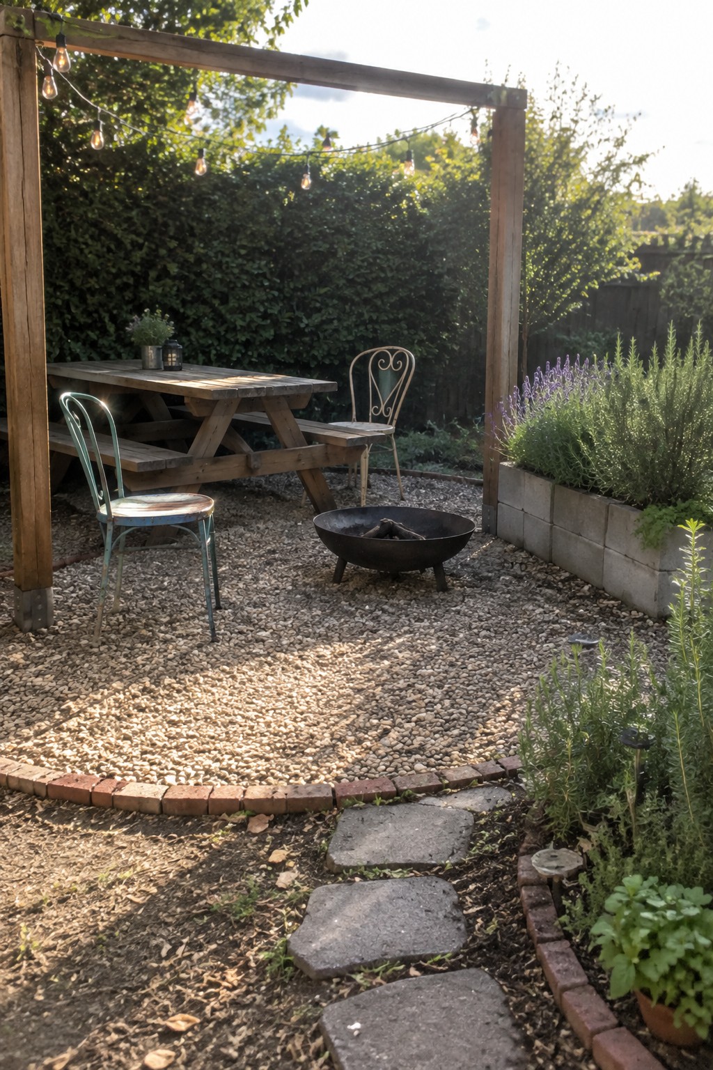 A gravel patio area with a fire pit, wooden picnic table, metal chairs, string lights on a pergola frame, and brick edging bordering garden beds.