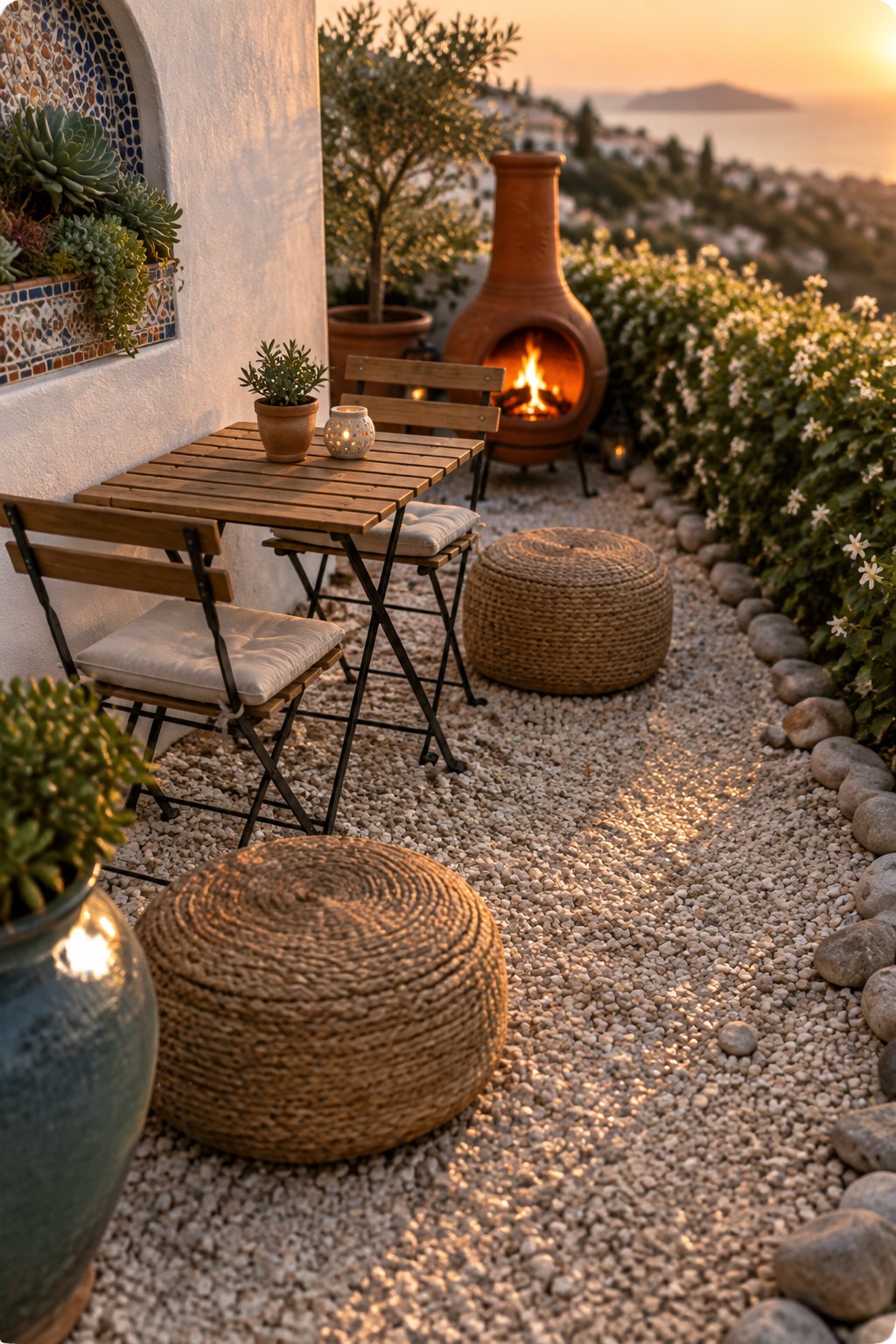 A gravel patio bordered by stones, featuring a wooden folding table with chairs, two woven ottomans, a lit terracotta chiminea, potted plants, and a white stucco wall at sunset.