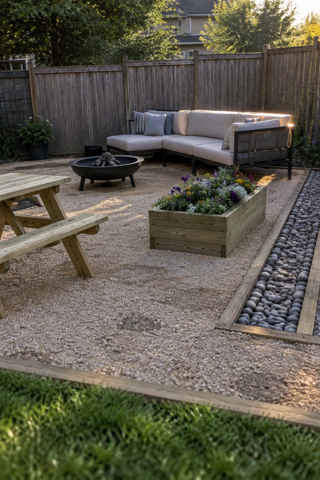 Backyard gravel patio with sectional sofa, fire pit, picnic table, and flower planter box