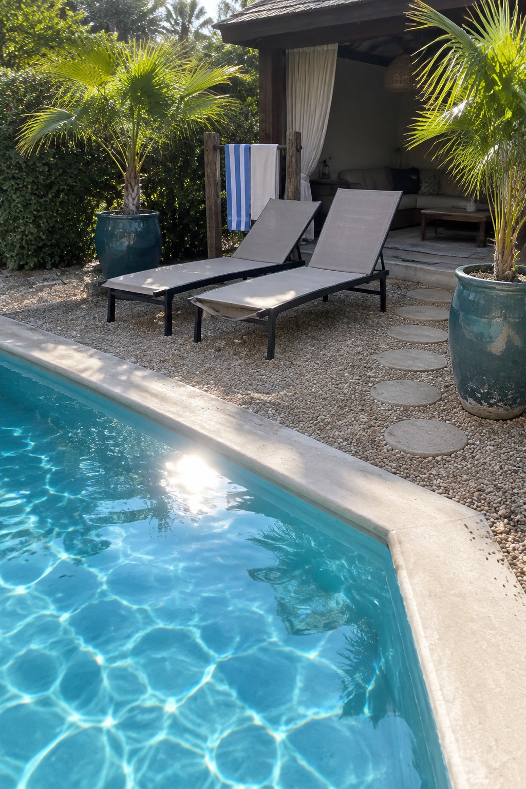 A rectangular swimming pool with two gray lounge chairs on gravel beside it, large teal pots with palm plants, stepping stones, and a wooden structure with curtains in the background.