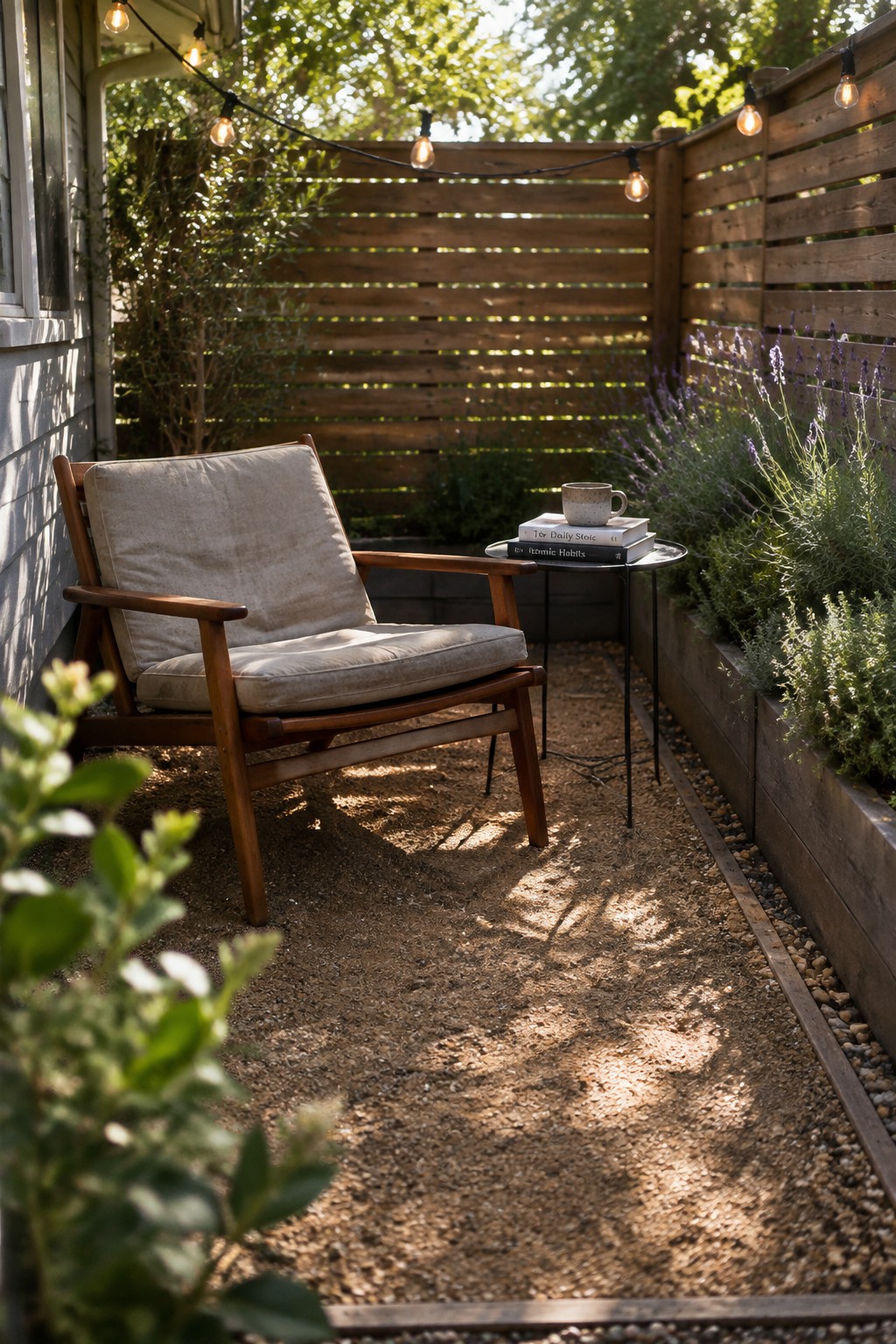 Wooden armchair with cushions beside books and mug on side table under string lights in garden