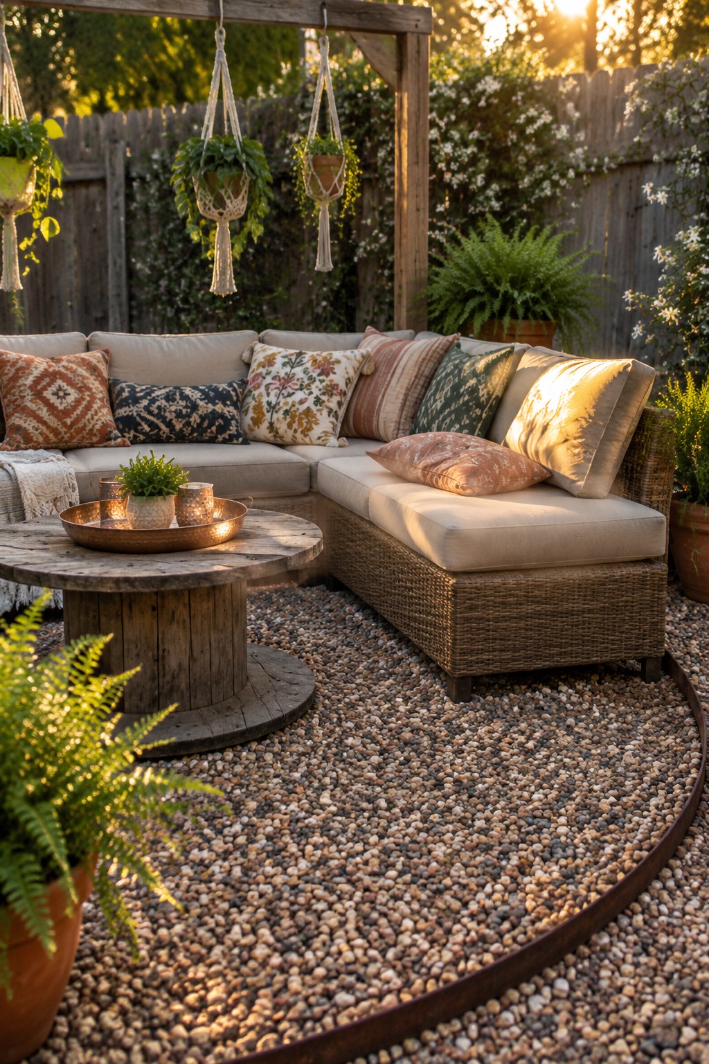 A gravel patio bordered by curved metal edging, with a wicker sectional sofa, wooden spool coffee table, hanging plants, and potted ferns.
