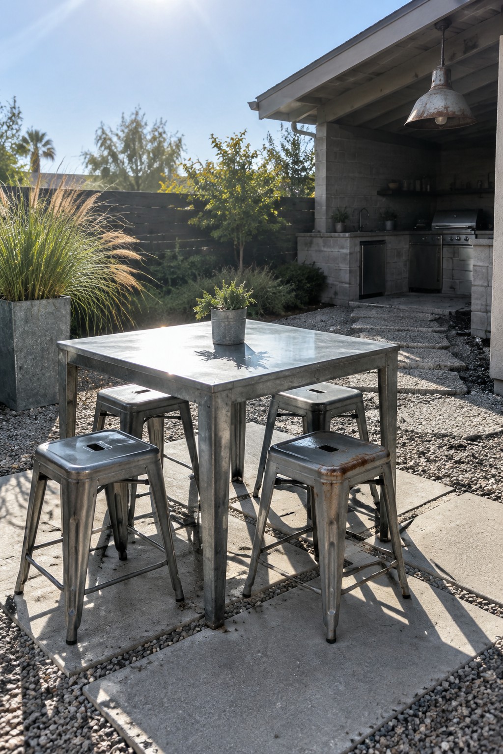 Metal table with four stools and potted plant on sunny concrete patio